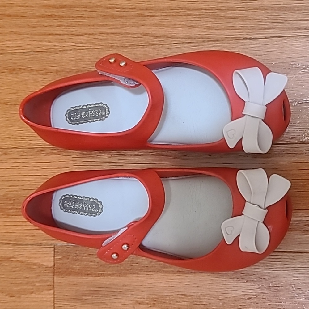 MINI MELISSA RED PEEP TOE SHOES with BOW in size C10.